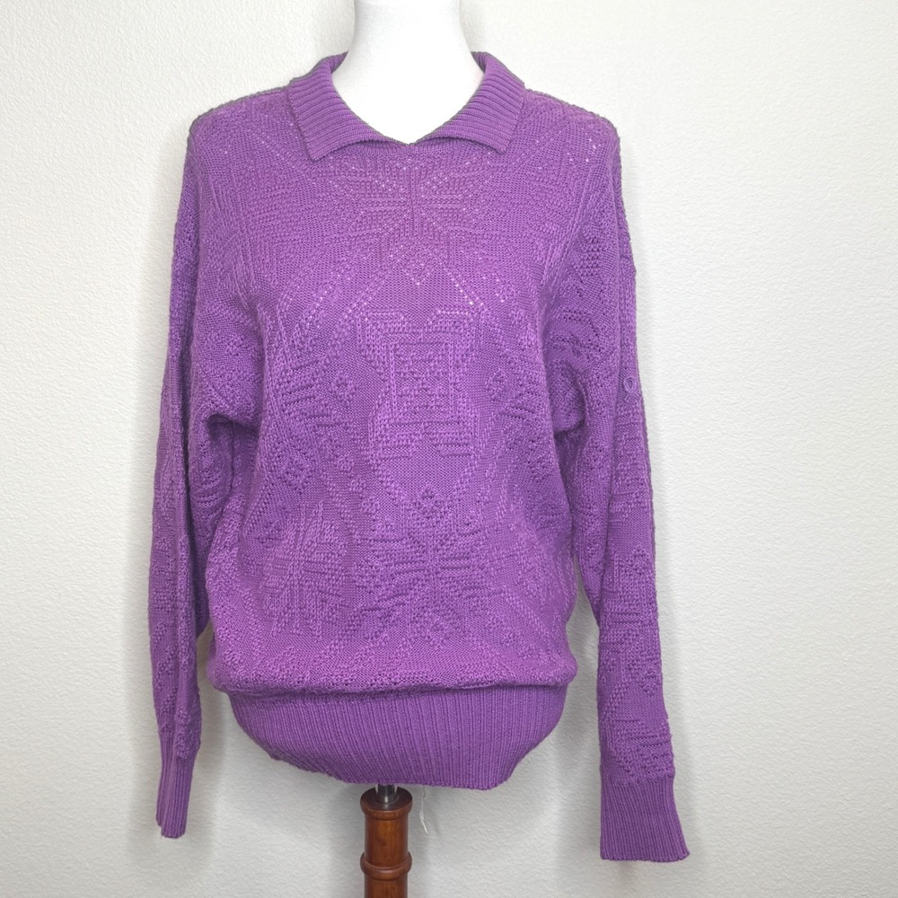 DEMETRE Vtg Wool Blend Sweater Collared Pointelle‎ Snowflake Design LG Purple